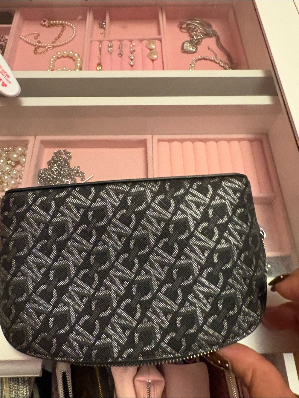 Black Patterned Women’s Zip Pouch Bag